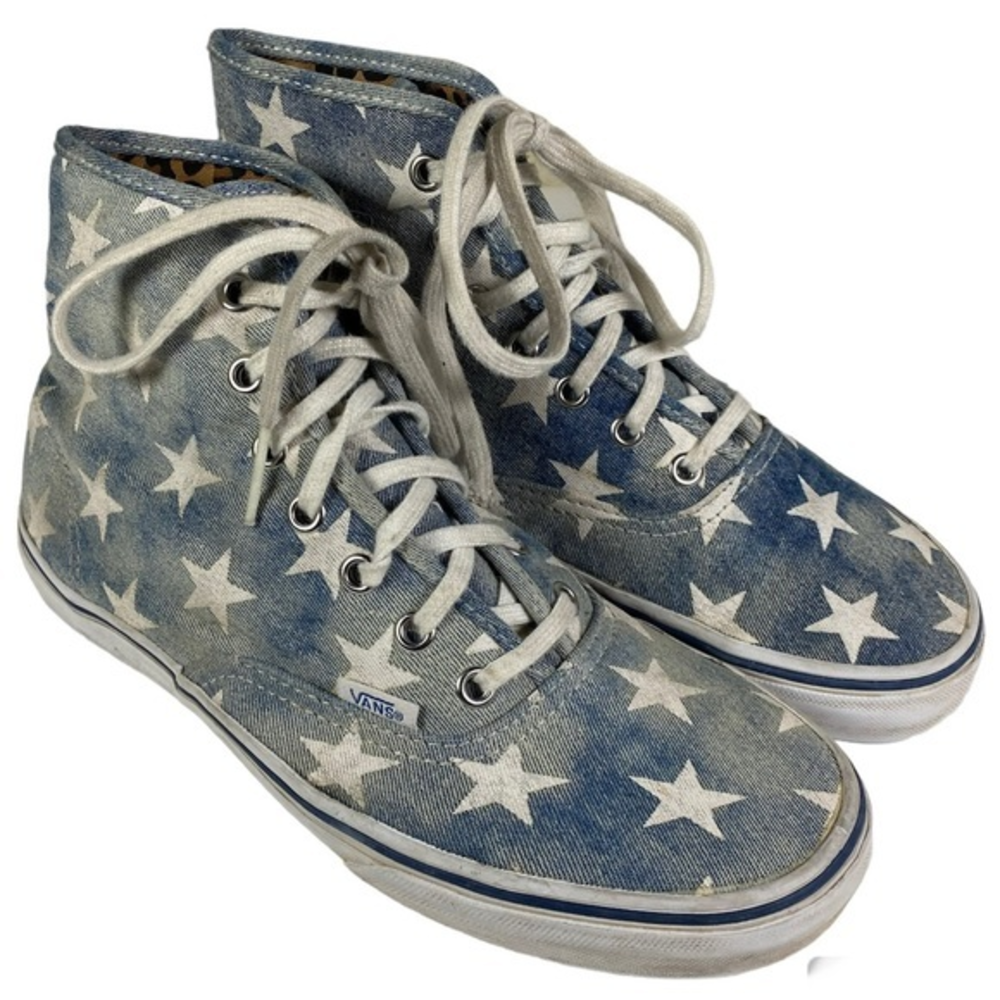 Vans unisex hi washed denim‎ canvas lace up sneakers with white stars 7M/8.5W